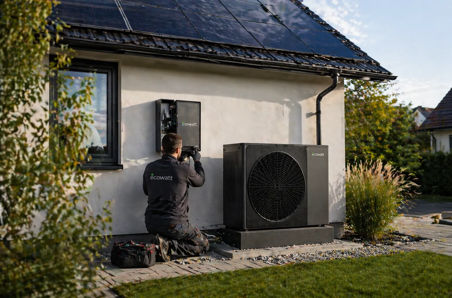 Monteur von Ecowatt bei der Installation von Wärmepumpe und Solaranlage