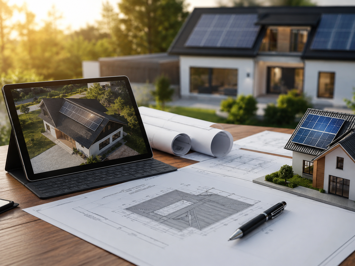 Architektenarbeitsplatz mit Solarprojekt-Modell