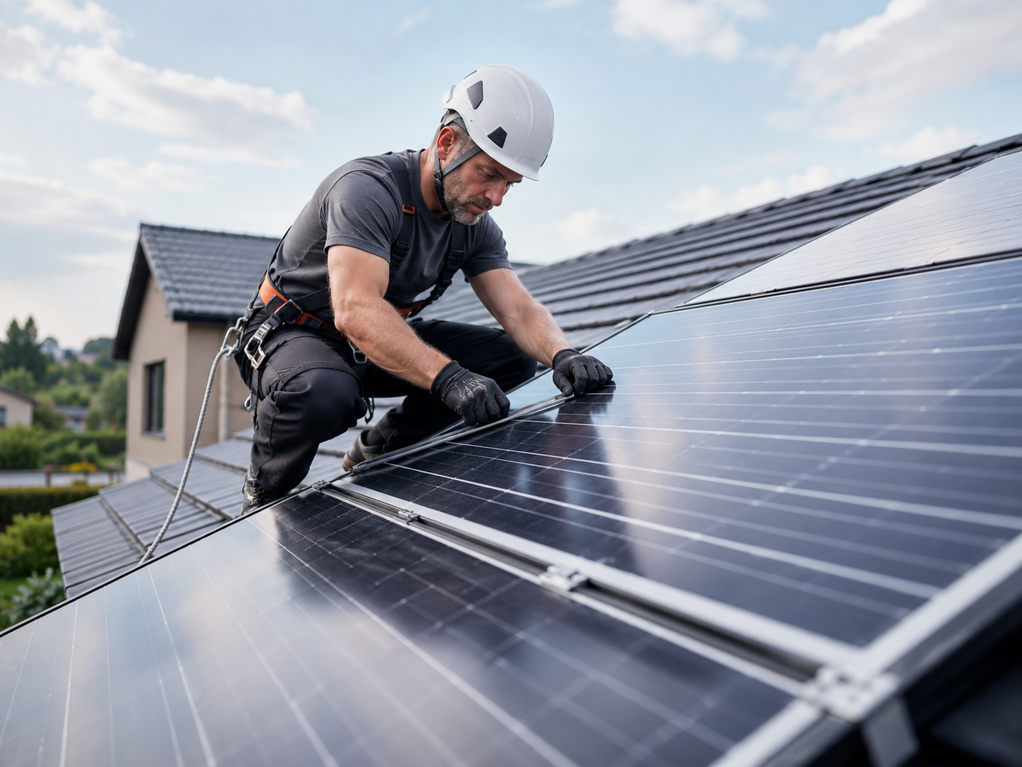 Dachinstallation von Solarpanelen in Arbeit