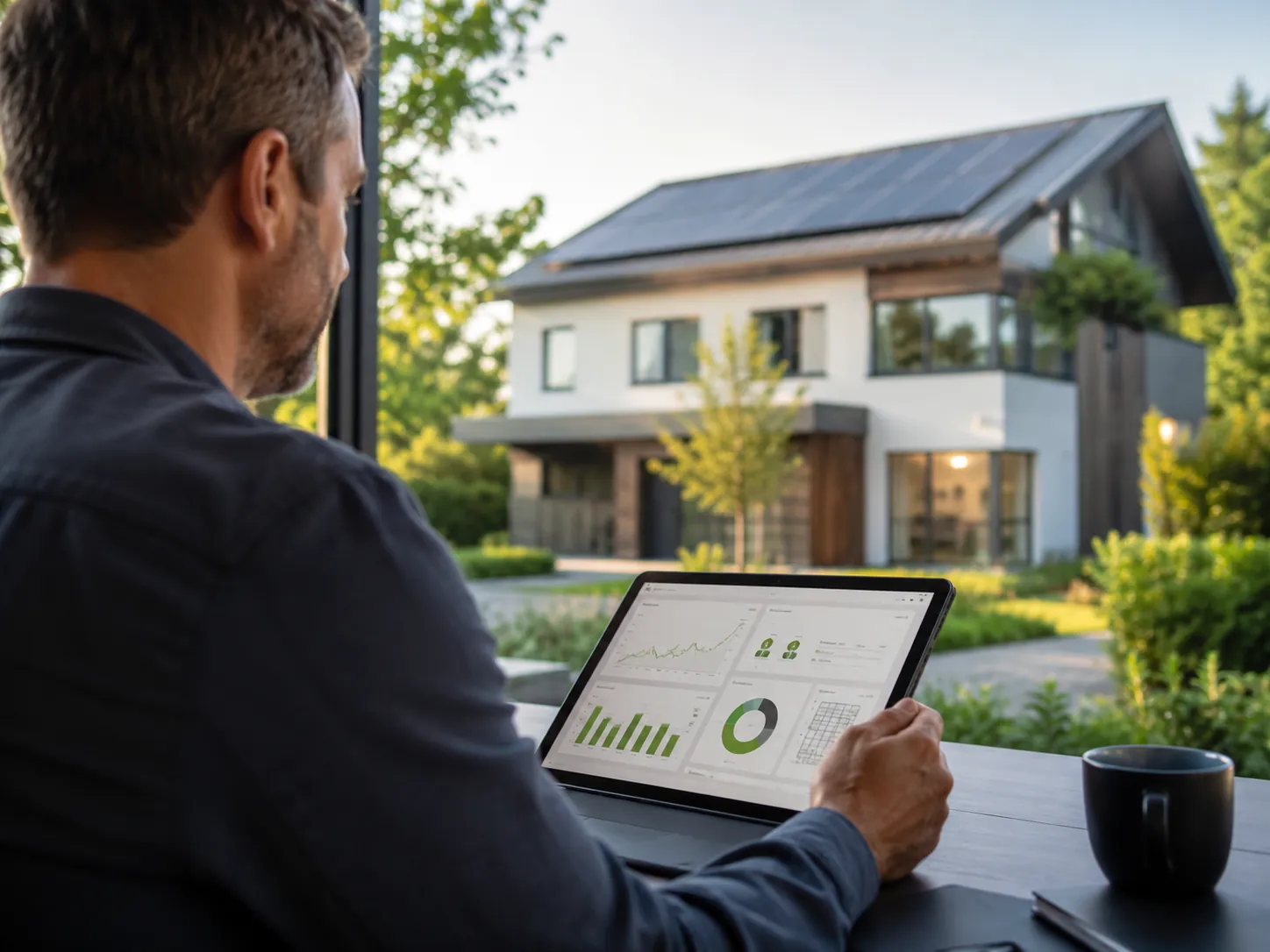 Energiemonitoring am Tablet vor einem Haus mit Solaranlage