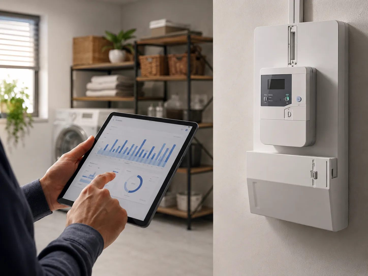 Smart Meter mit Steuerbox und Tablet mit Energiedaten im Hauswirtschaftsraum