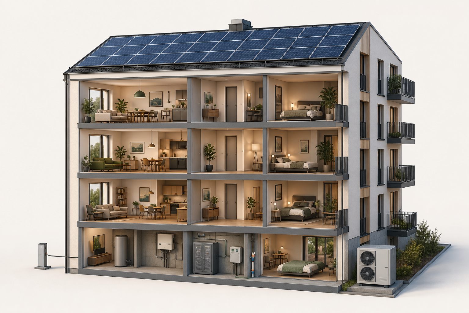 Schnittansicht eines Mehrfamilienhauses mit Photovoltaik, Wohnungen und Geb&auml;udetechnik