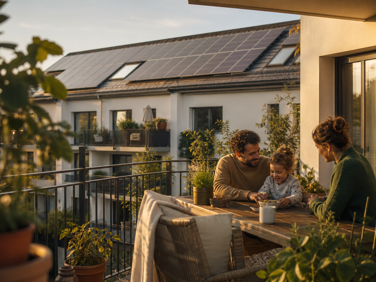 Familie auf dem Balkon eines Mehrfamilienhauses mit Photovoltaikanlage