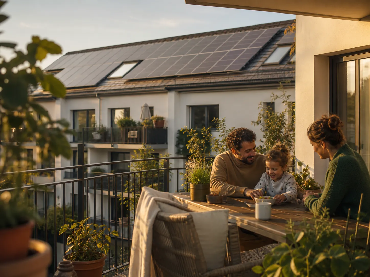 Familie auf dem Balkon eines Mehrfamilienhauses mit Photovoltaikanlage