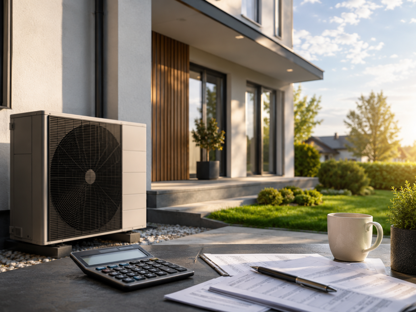 Moderne Büroatmosphäre mit Gartenblick