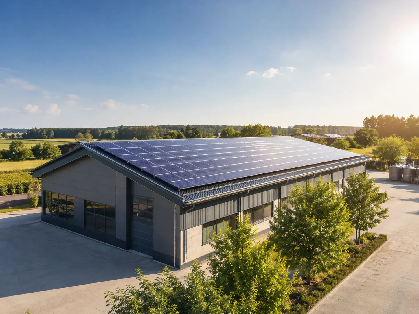Moderne Industrieanlage mit Photovoltaik im ländlichen Raum